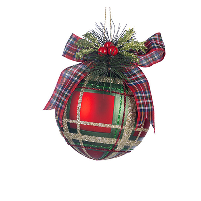 Glaskula rutig med kvist och rosett 10 cm