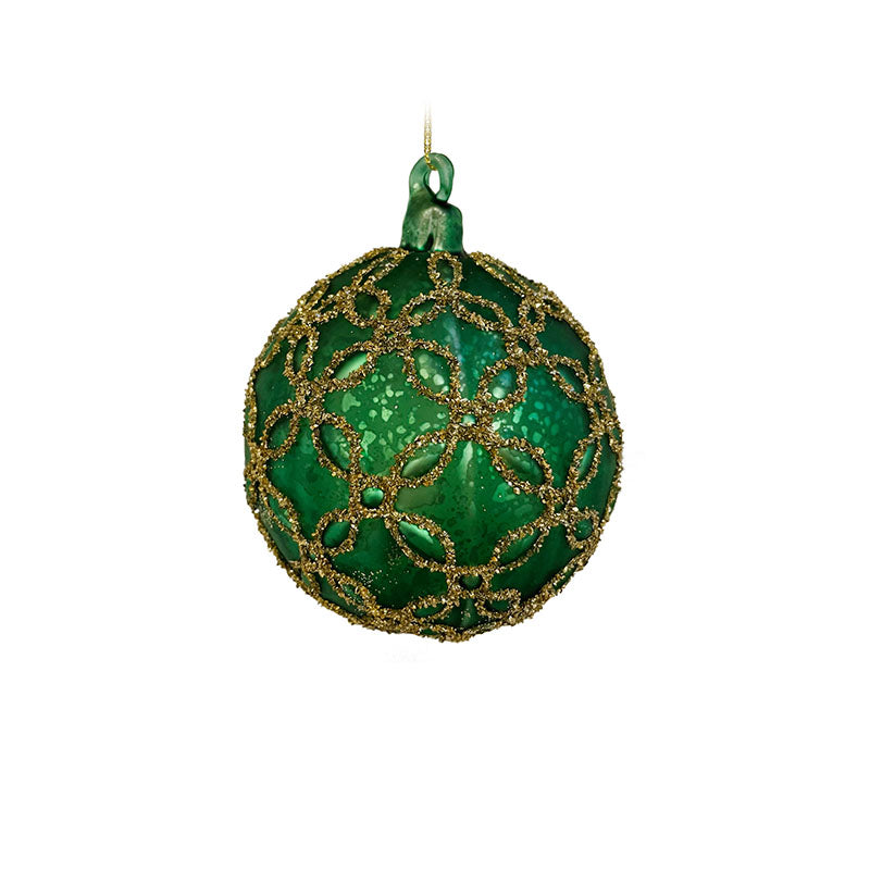 Glaskula mörk antikgrön med gulddekor 10 cm
