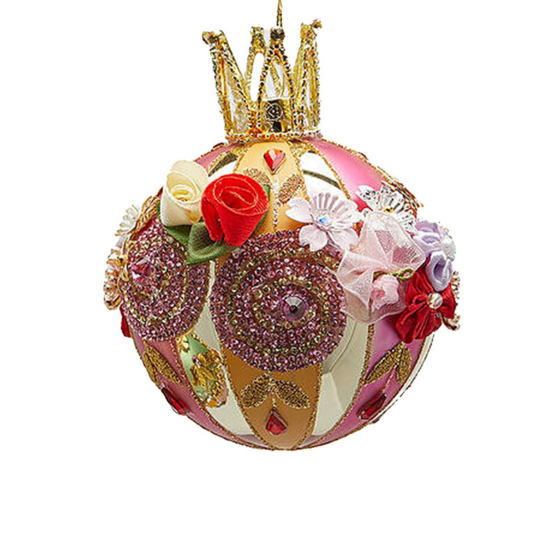 Glaskula med blommor, glitter och krona på toppen 10 cm