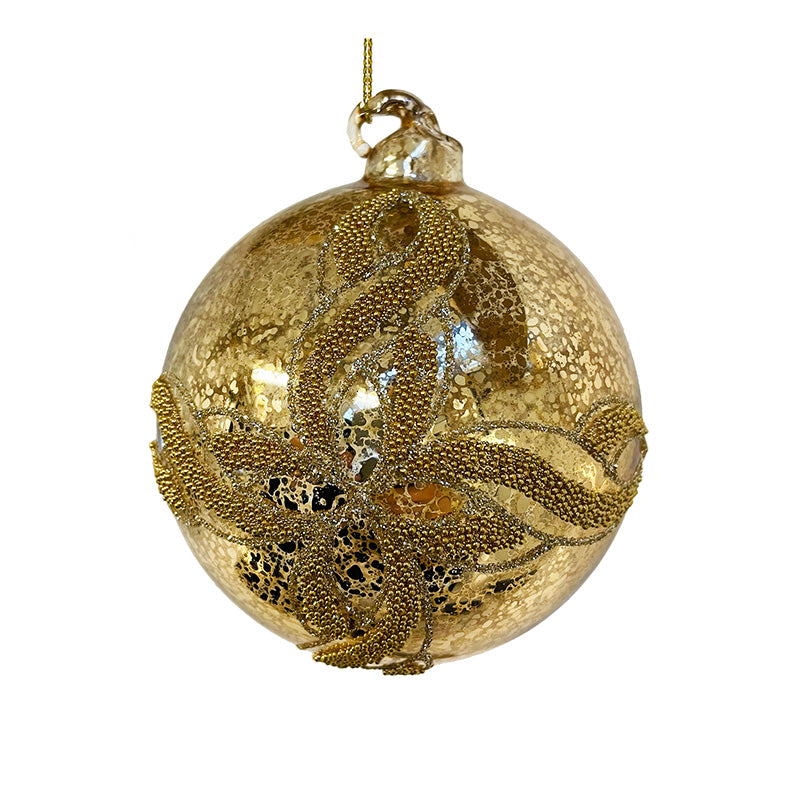 Glaskula antikguld med glitterdekor 10 cm