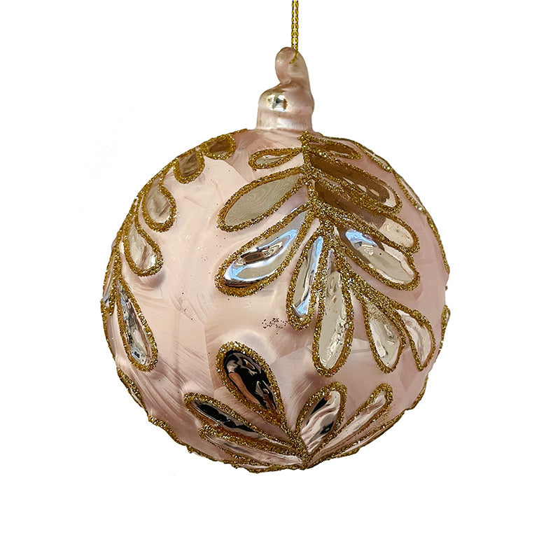 Glaskula ljusrosa med silverblad 10 cm