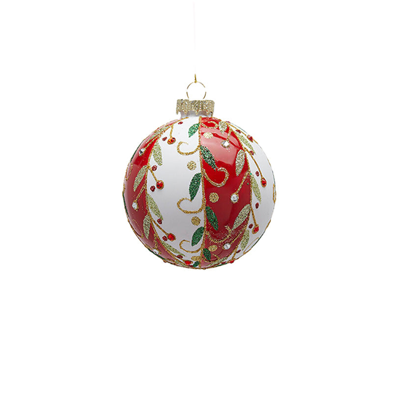 Glaskula röd/vit med juldekor 8 cm
