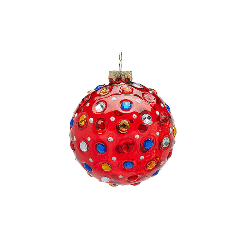 Glaskula röd med flerfärgade prickar 8 cm