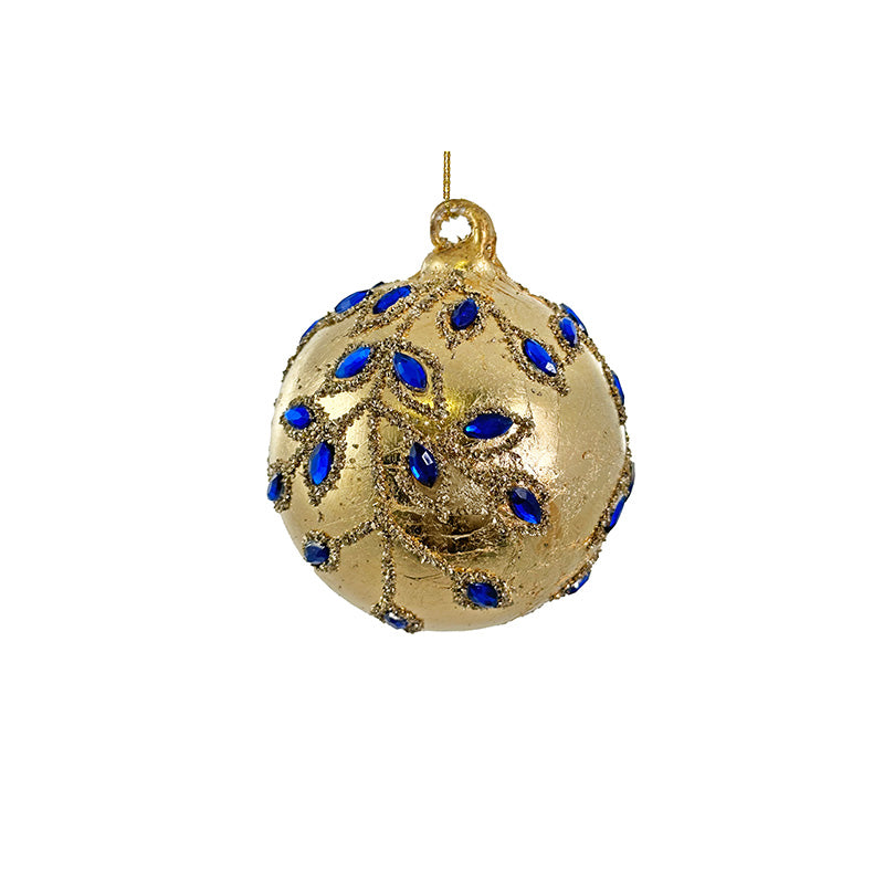 Glaskula guld med blå pärlor 8 cm