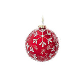 Glaskula röd med vita snöflingor 10 cm