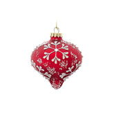 Glaskula lökformad röd med vita snöflingor 10 cm