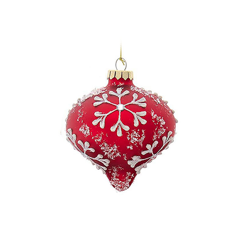 Glaskula lökformad röd med vita snöflingor 10 cm